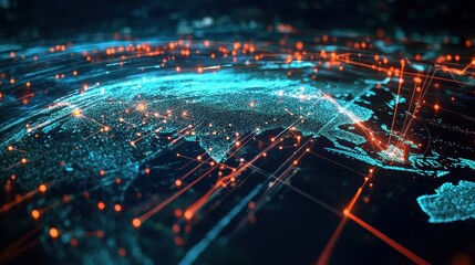 Obraz premium A dynamic motion-blur render of fast-moving data streams forming a digital Earth, illustrating the rapid connectivity of global trade networks.
