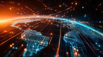 A dynamic motion-blur render of fast-moving data streams forming a digital Earth, illustrating the rapid connectivity of global trade networks.