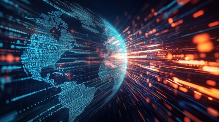 Fototapeta premium A dynamic motion-blur render of fast-moving data streams forming a digital Earth, illustrating the rapid connectivity of global trade networks.