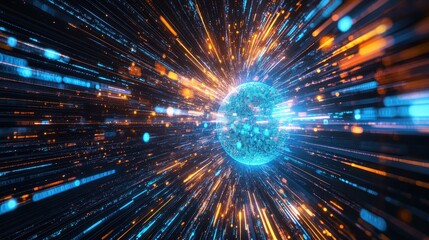 A dynamic motion-blur render of fast-moving data streams forming a digital Earth, illustrating the rapid connectivity of global trade networks.