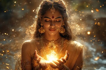 Woman, golden light, hands, jewelry, India, magical, spiritual, fantasy, stock photo