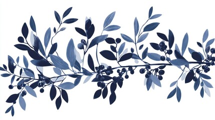 Blue foliage branch border, white background, nature design, website decoration