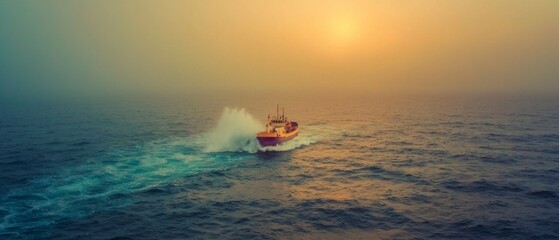 Fototapeta premium Dramatic Sunset Aerial of Ship at Sea Ocean Waves Crashing