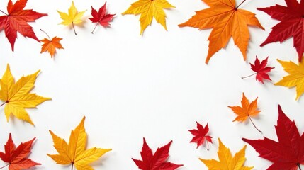 Fototapeta premium Autumnal Foliage Frame Vibrant Red, Orange, and Yellow Leaves Arranged on a White Background, Perfect for Seasonal Designs and Festive Greetings.