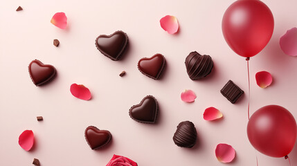 Heart-Shaped Chocolates with Balloons and Rose Petals on Pink Background