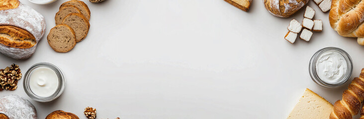  Rustic Breakfast Composition with Bagels, Cheese, and Fresh Produce