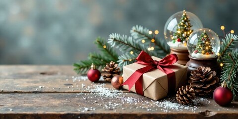 A Rustic Wooden Table Setting with a Gift, Pine Cones, Ornaments, and Illuminated Snow Globes Featuring Miniature Christmas Trees