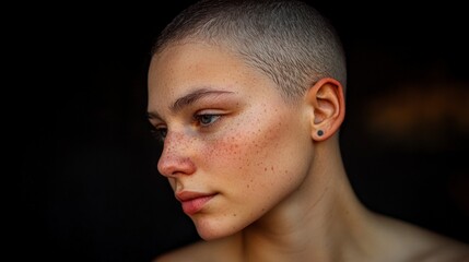 Fototapeta premium Contemplative Young Person with Short Hair Freckles and Earring
