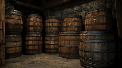 Aged Wooden Barrels Stored In A Stone Cellar