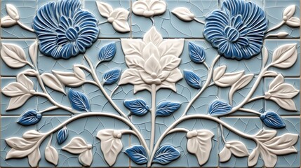 Blue and White Floral Tile Pattern  Ceramic Wall Decor  Intricate Design  Seamless Texture