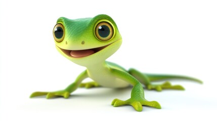 Happy cartoon gecko on white; children's book illustration