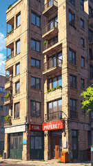 Naklejka premium Anime Style Rendering of Classic Apartment Building Abandoned in a Rustic Forgotten State Background Illustration Aesthetic