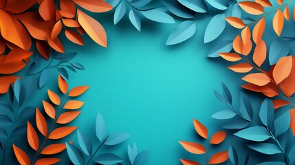 Vibrant teal backdrop elegantly frames handcrafted orange and blue paper leaves. AI Generated