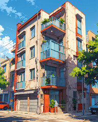 Naklejka premium Beautifully Detailed Anime Illustration of Classic Apartment Building in Decaying State Background Illustration Aesthetic