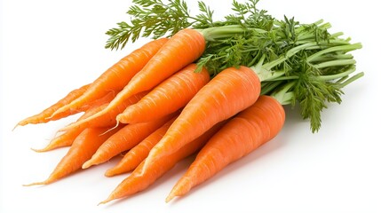 A bunch of fresh organic carrots on a white background