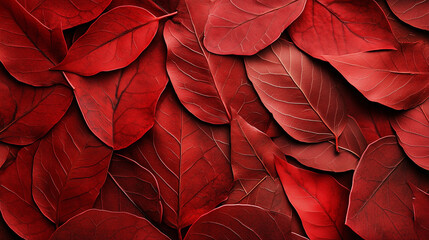 A dense flat lay of leaves with a bold red color theme, blending crimson, scarlet, and burgundy hues.