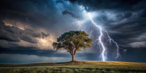 A lone tree stands tall against a dark and stormy sky with lightning illuminating its branches , hope in nature, natural light