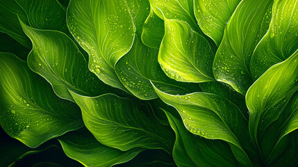 Obraz premium A dense flat lay of fresh green leaves, showcasing various shades of lush green for a natural, vibrant theme.