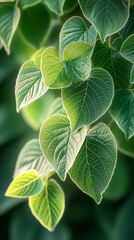 A close-up photo of bright green leaves, intricate vein network clearly visible, highlighted by soft diffused light. 