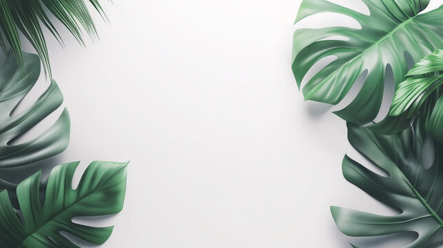 A sleek PowerPoint template with a crisp white background, bordered by vibrant green tropical leaves with sharp, detailed textures. 