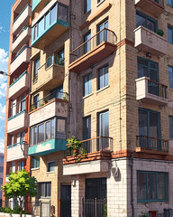 Naklejka premium Depiction of Abandoned Classic Apartment Building in Anime Art Style with Rustic Overgrown Feel Background Illustration Aesthetic