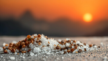 Sunset over mountain landscape, pile of sea salt crystals, scattered peppercorns, extreme close-up, shallow depth of field, golden hour lighting, vibrant colors, macro photography, textural detail, ru
