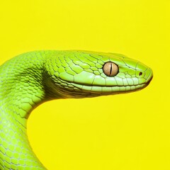 A close-up of a green snake on a yellow background with space for text.