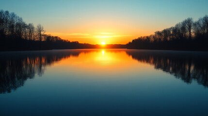 Fototapeta premium Serene sunrise reflects brilliantly on calm lake water. AI Generated