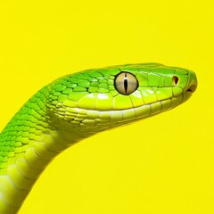 A close-up of a green snake on a yellow background with space for text.