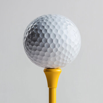 A golf ball sitting on a yellow tee against a plain light gray background close up