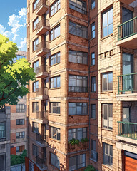 Fototapeta premium Dynamic Anime Art Depiction of Classic Apartment Building in Its Rustic and Abandoned Condition Background Illustration Aesthetic