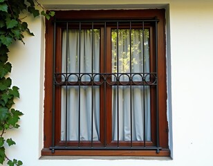 Rustic window encased in iron with white curtain and vibrant ivy climbing wall