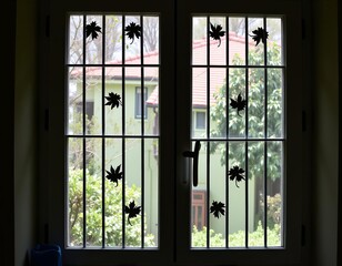Autumnal silhouettes on window panes, framing suburban tranquility and soft light