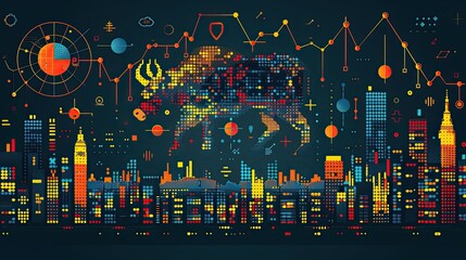 Obraz premium flat design, illustration, The Market Player A young investor learns the ropes of the stock market. Illustration: Bull and bear icons, stock graphs, and ticker tape