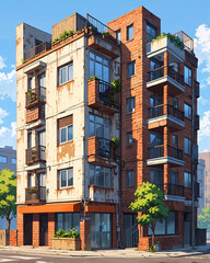Naklejka premium Forgotten Classic Apartment Building with Anime Art Style Depicting Its Rustic Abandoned State Background Illustration Aesthetic