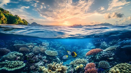 Naklejka premium Vibrant Coral Reef Underwater Scene at Sunrise with Fish