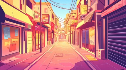 Obraz premium Vibrant Sunset Hues Illuminate a Narrow Asian Alleyway with Shops and Signs
