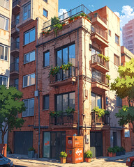 Naklejka premium High Detail Anime Style Rendering of Classic Apartment Building Left Overgrown and Abandoned Background Illustration Aesthetic