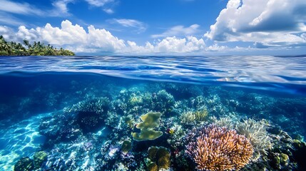 Fototapeta premium Vibrant Underwater Coral Reef with Clear Blue Sky Above Ocean Surface
