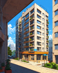 High Resolution Anime Art Depiction of Rustic Abandoned Classic Apartment Building Background Illustration Aesthetic