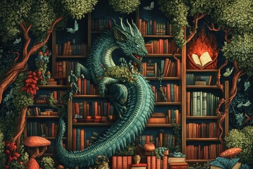 Obraz premium Dragon Guardian Of A Mystical Book Filled Library