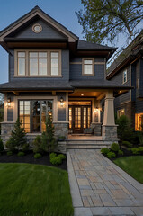 Fototapeta premium Luxury Modern Home Exterior at Dusk: Stunning Architecture and Landscaping Design