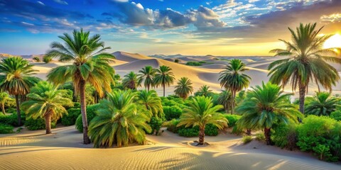 Fototapeta premium Serene landscape with lush palm trees and vibrant green foliage nestled within a tranquil oasis in the midst of vast sandy dunes