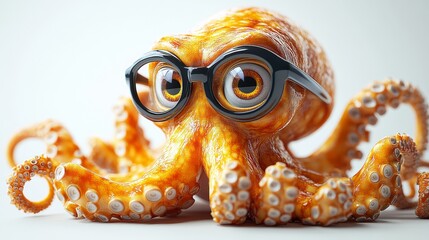 Vibrant 3D Yellow Octopus Floating on White Background with Tentacles Playfully Curled Around