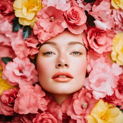 Woman s Face Surrounded by Pink and Yellow Flowers  Beauty  Skincare  Cosmetics  Floral Po