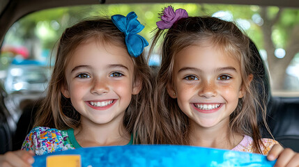 Happy twin girls in car, summer day, city background, family road trip