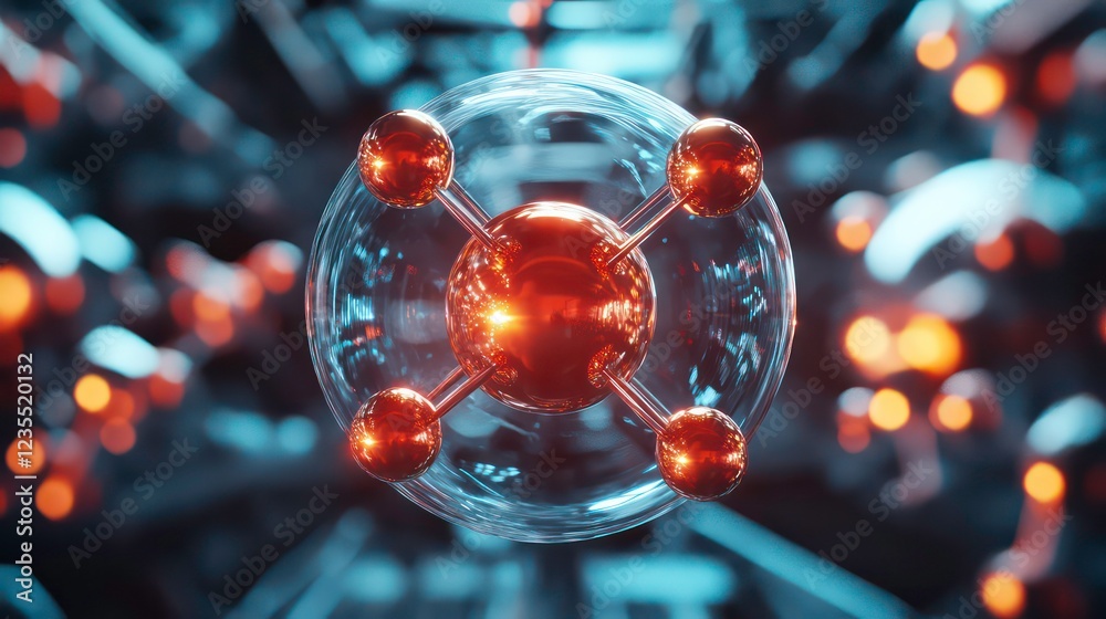 Fototapete abstract 3d rendering of a molecule model with glowing atoms and bonds, set against a blurred backgr