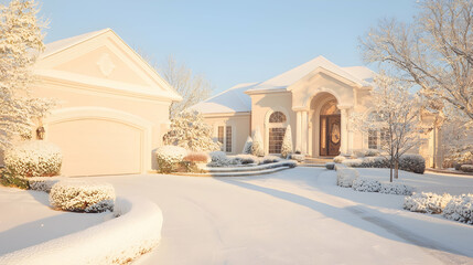 Obraz premium Snowy suburban home sunrise; winter landscape