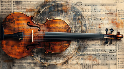 Naklejka premium Creative Collage Blending a Violin With Music Sheets to Express Art and Emotion in a Unique Visual Arrangement. Generative AI