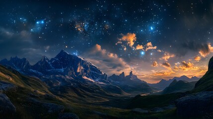 Majestic Night Landscape with Stars, Mountains, and Twilight Sky